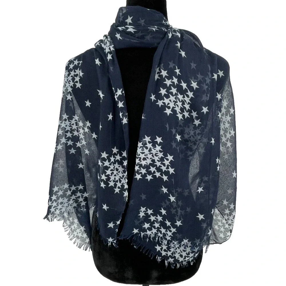 Nicole Marciano Womens Rectangular‎ Scarf One Size Navy Blue White Stars Print